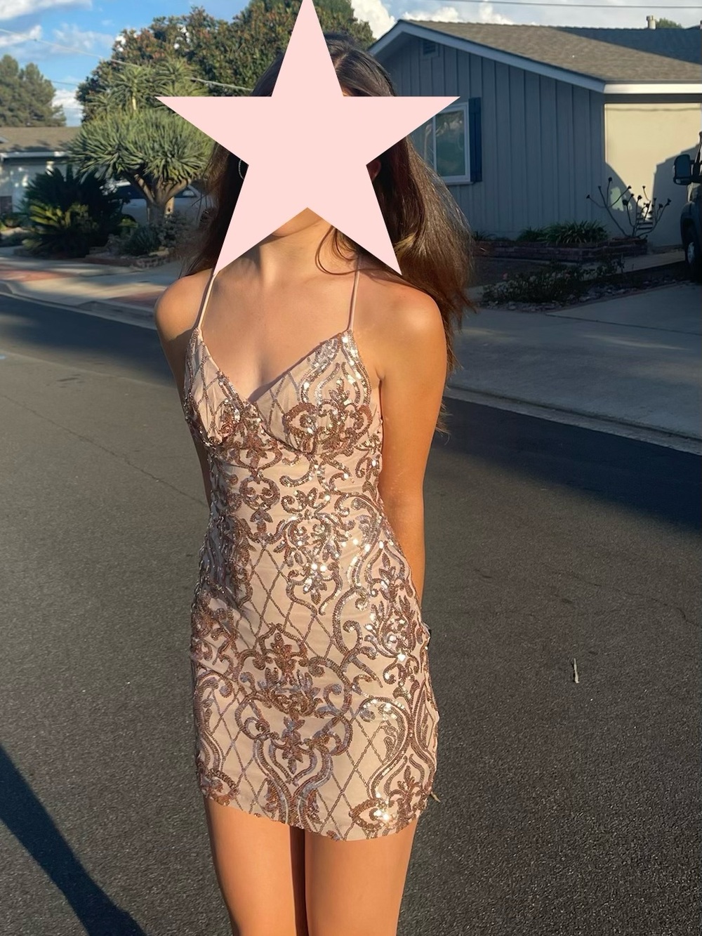 Embellished Spaghetti Strap Backless Mini Dress - Blush with Rose Gold Sequins